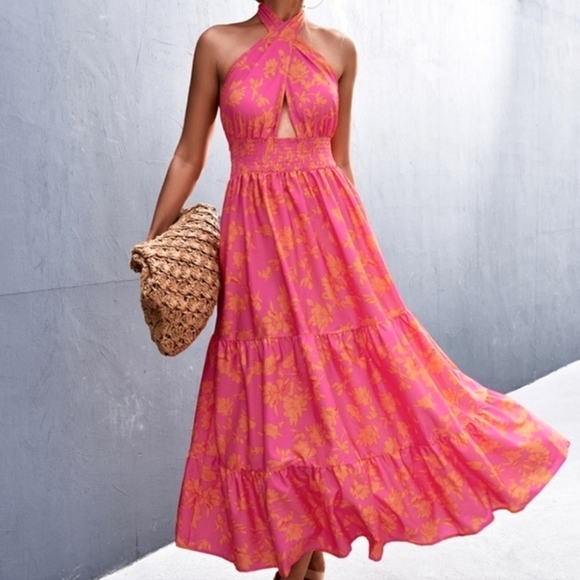 Cross Halter Maxi Dress Pink Orange Floral Summer Open Back Size S M L - Picture 2 of 7